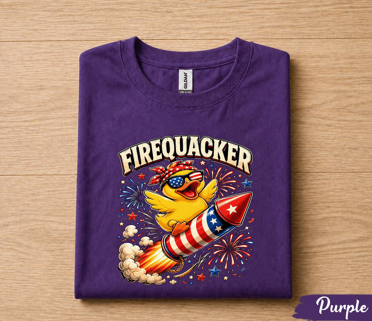 Firequacker 4th of July Shirt, Patriotic Duck Riding Firework Rocket Tee, Funny American Independence Day Party Gift Forth of July