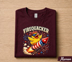 Firequacker 4th of July Shirt, Patriotic Duck Riding Firework Rocket Tee, Funny American Independence Day Party Gift Forth of July