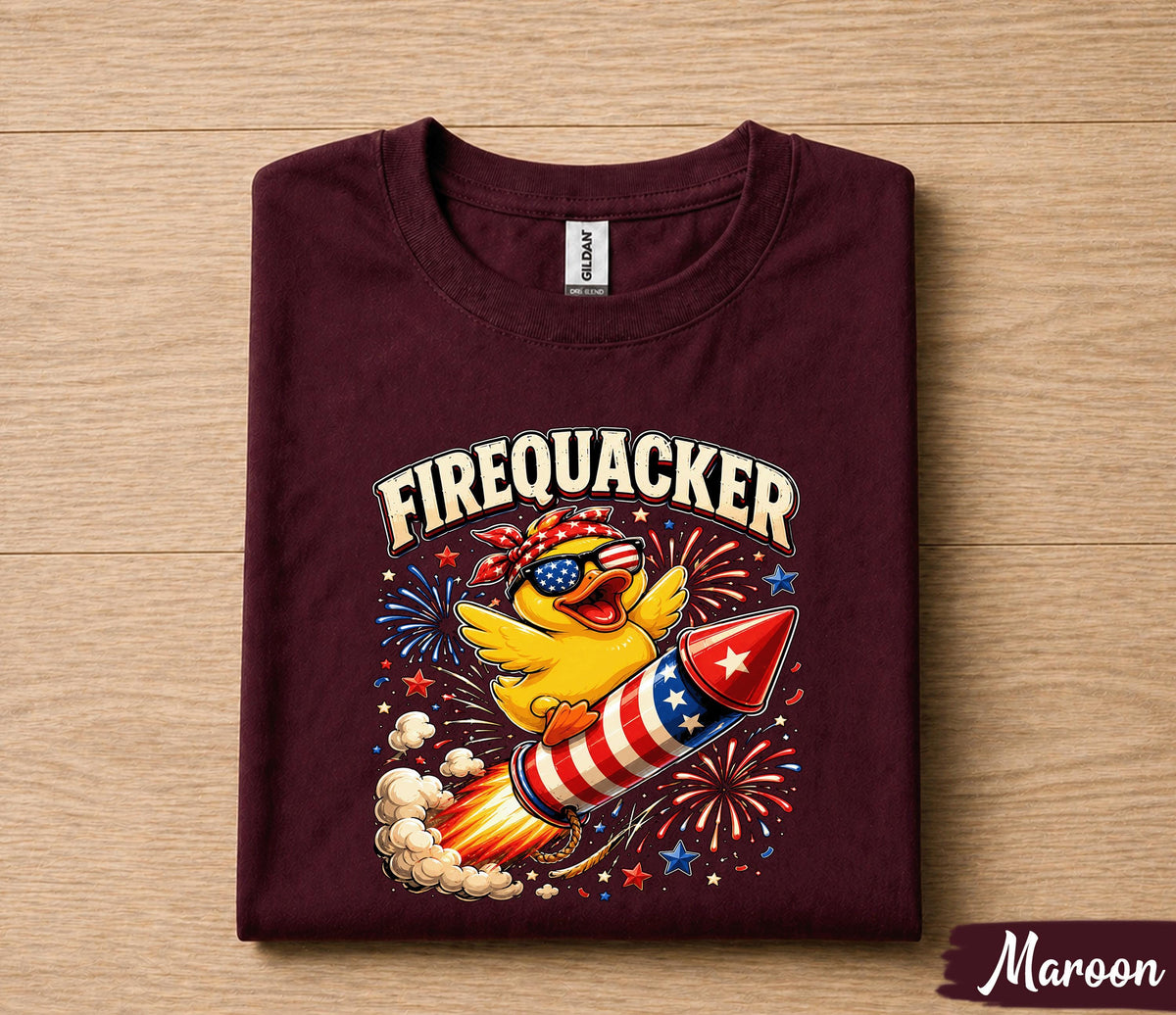 Firequacker 4th of July Shirt, Patriotic Duck Riding Firework Rocket Tee, Funny American Independence Day Party Gift Forth of July