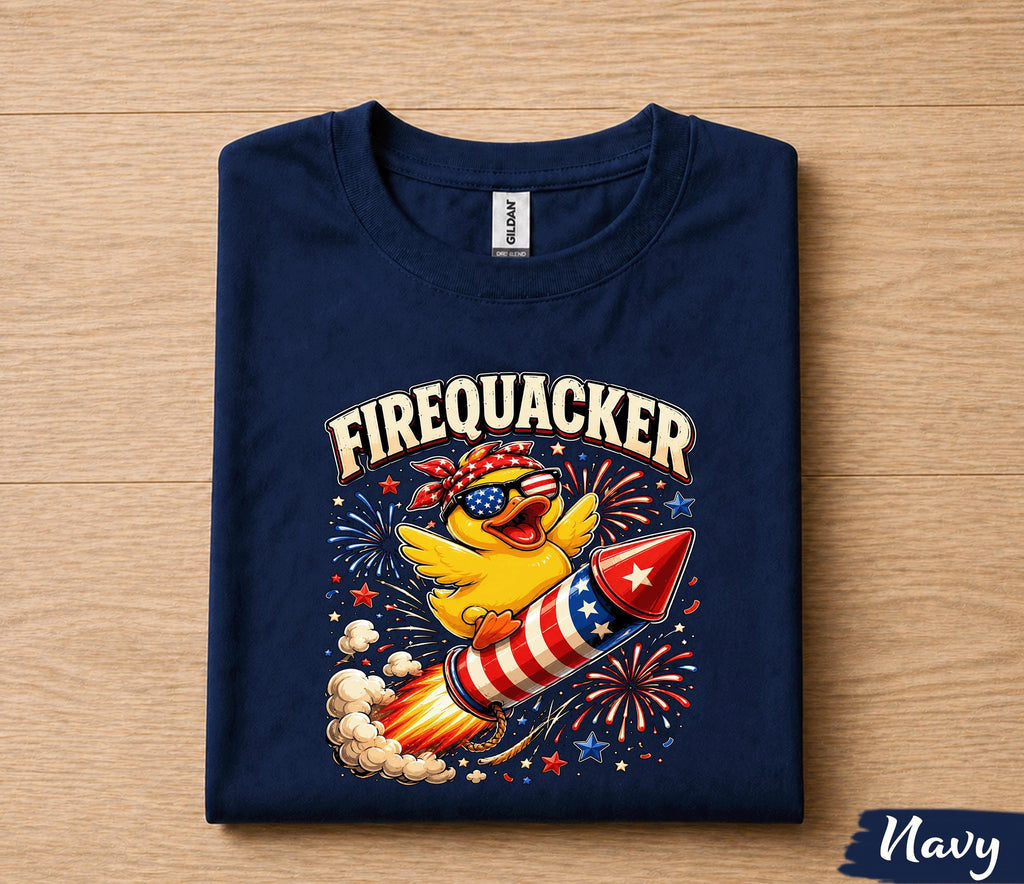 Firequacker 4th of July Shirt, Patriotic Duck Riding Firework Rocket Tee, Funny American Independence Day Party Gift Forth of July