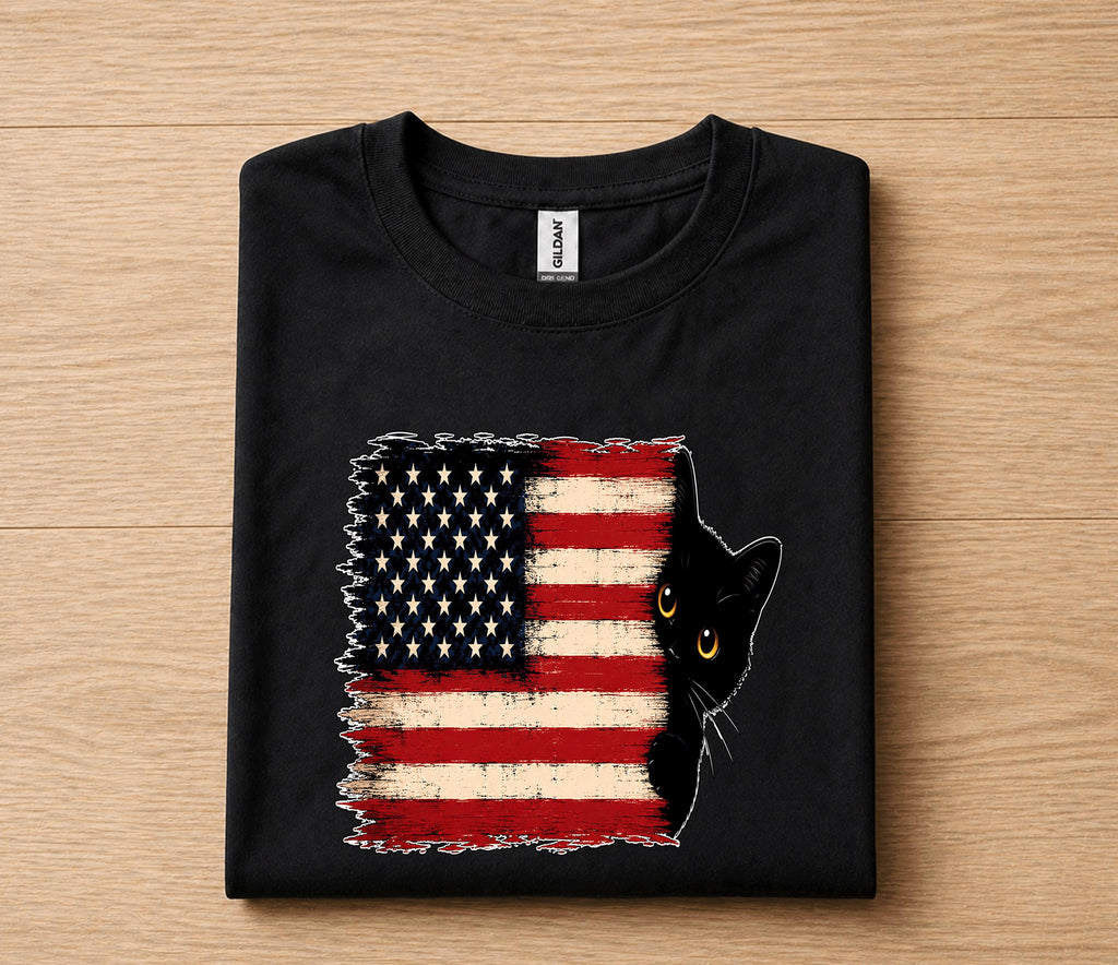 Patriotic Black Cat 4th of July Shirt, American Flag Cat Lover Tee
