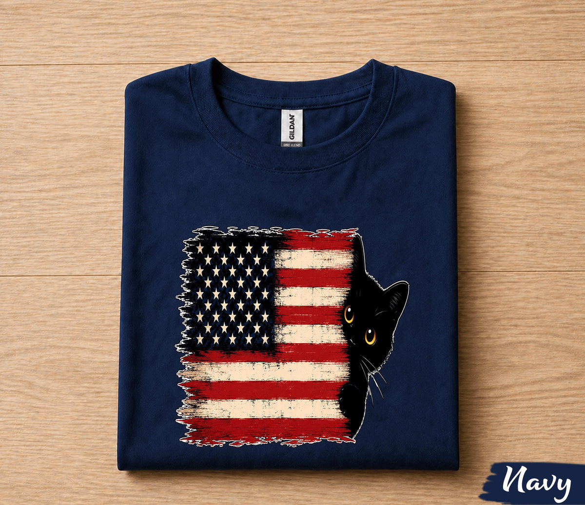 Patriotic Black Cat 4th of July Shirt, American Flag Cat Lover Tee, Cute Peeking Kitty Independence Day Gift, USA Pride Shirt Forth of July