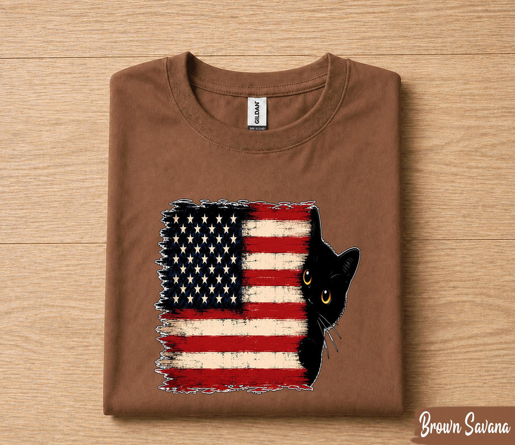 Patriotic Black Cat 4th of July Shirt, American Flag Cat Lover Tee, Cute Peeking Kitty Independence Day Gift, USA Pride Shirt Forth of July