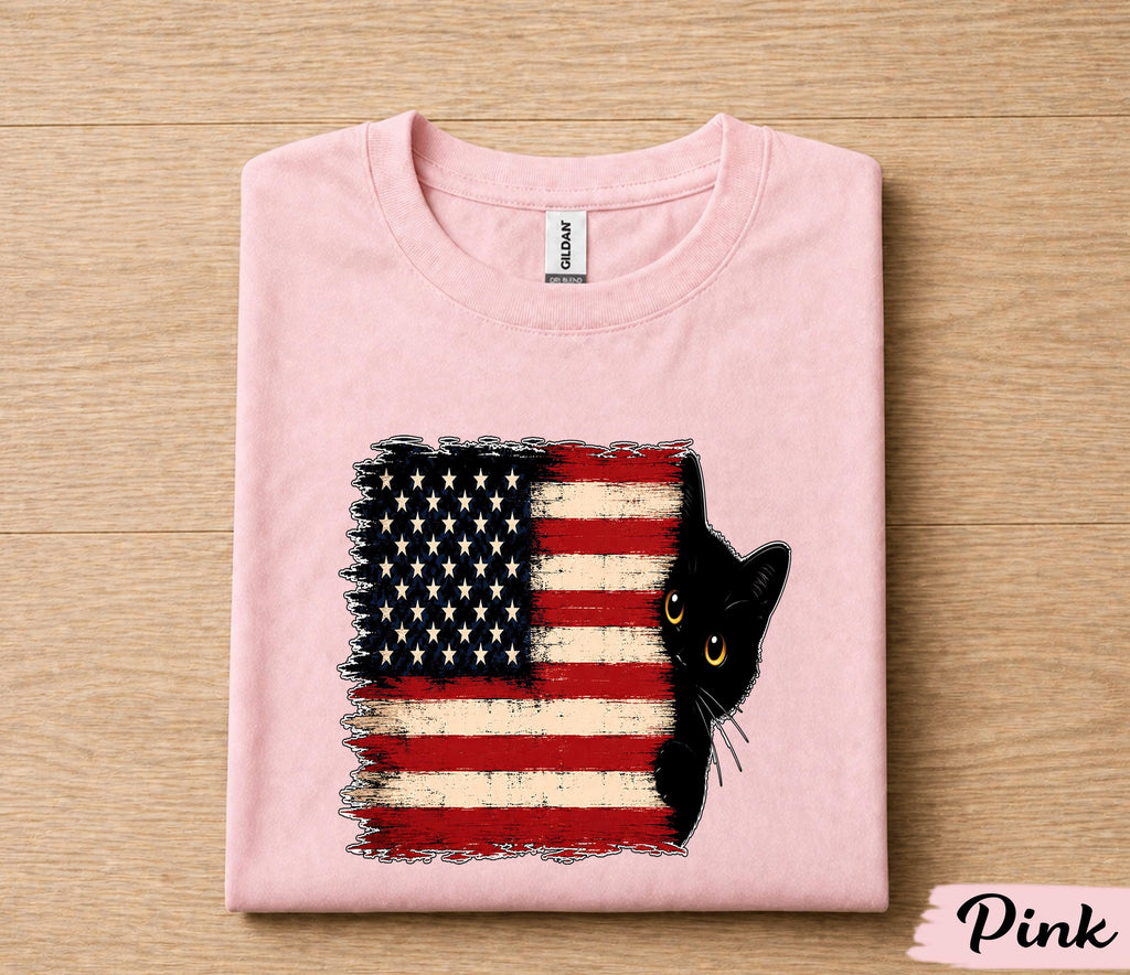 Patriotic Black Cat 4th of July Shirt, American Flag Cat Lover Tee, Cute Peeking Kitty Independence Day Gift, USA Pride Shirt Forth of July