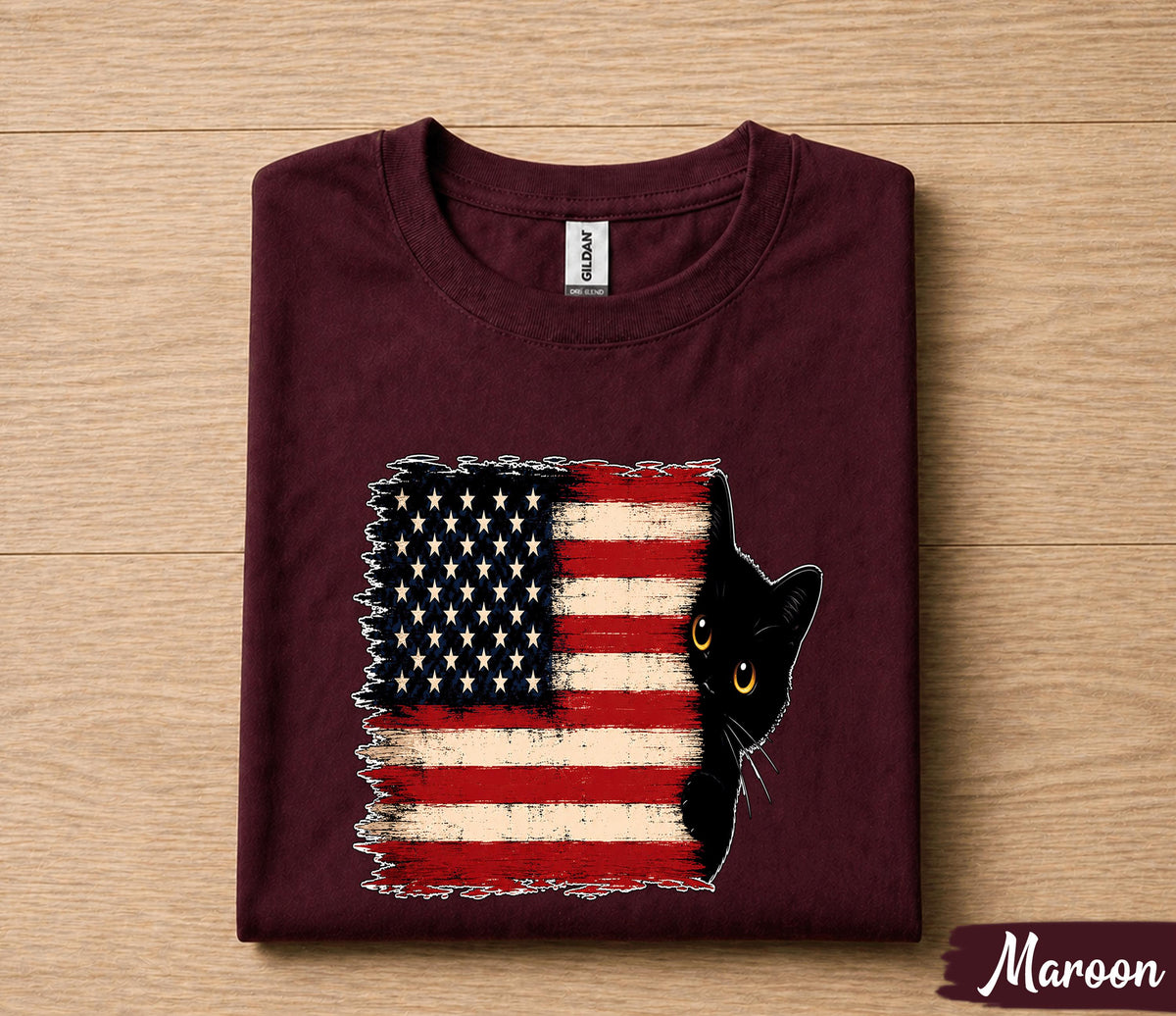 Patriotic Black Cat 4th of July Shirt, American Flag Cat Lover Tee, Cute Peeking Kitty Independence Day Gift, USA Pride Shirt Forth of July