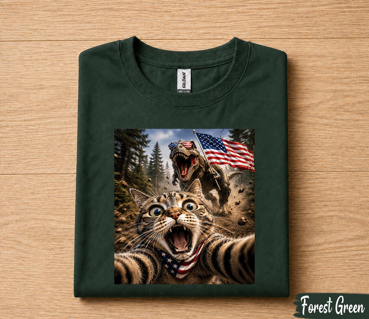 Funny Patriotic Cat Selfie Shirt, Cat Running From T Rex USA Flag Tee, 4th Of July Cat Lover Shirt, Independence Day Gift Forth of July