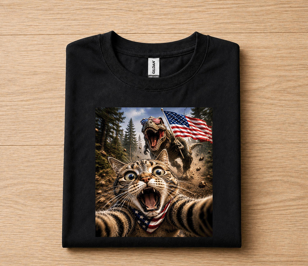 Funny Patriotic Cat Selfie Shirt, Cat Running From T Rex USA Flag Tee