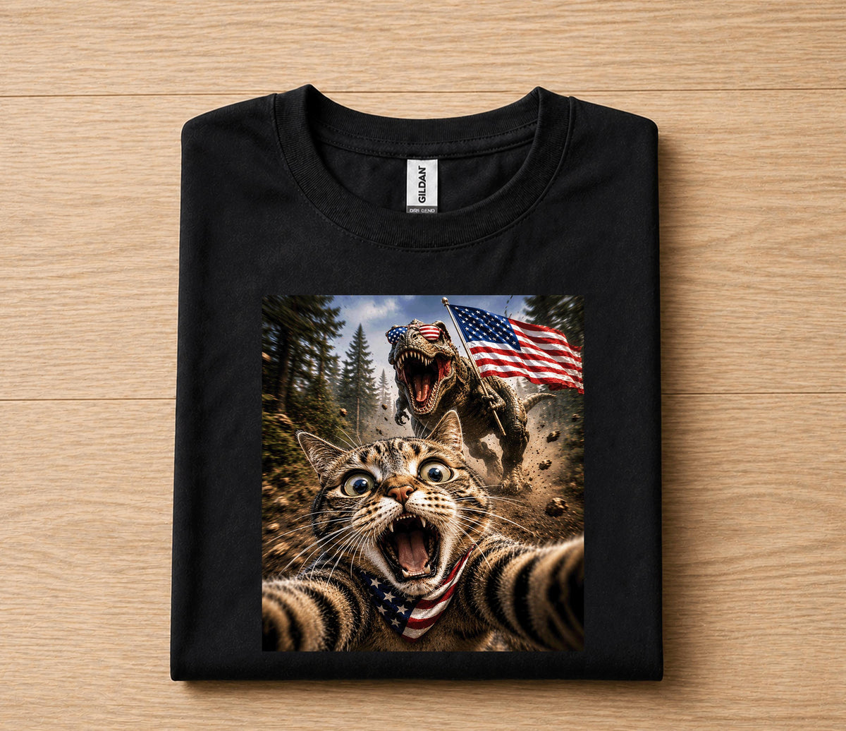 Funny Patriotic Cat Selfie Shirt, Cat Running From T Rex USA Flag Tee