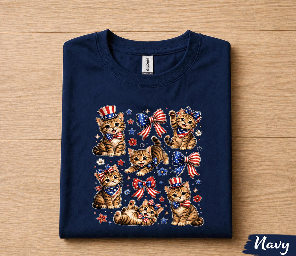 Patriotic Kitten Shirt, Cute 4th Of July Cat Lover Tee, American Flag Cats Shirt, Independence Day Kitty Gift for Women Kids Forth of July