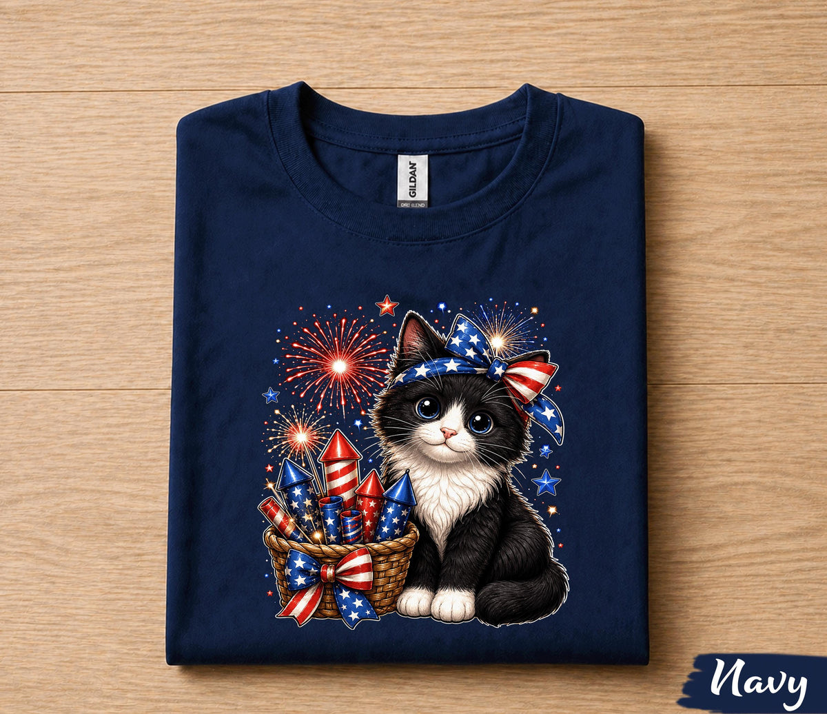 Cute Patriotic Kitten Shirt, 4th Of July Cat Lover Tee, Fireworks Cat Shirt, American Flag Kitty Independence Day Gift Forth of July