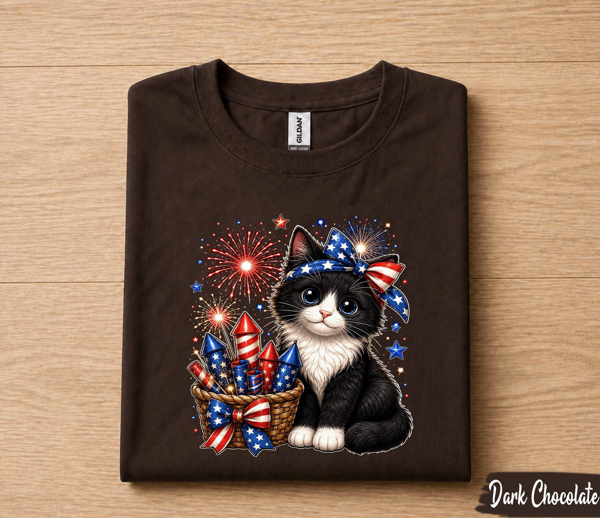 Cute Patriotic Kitten Shirt, 4th Of July Cat Lover Tee, Fireworks Cat Shirt, American Flag Kitty Independence Day Gift Forth of July