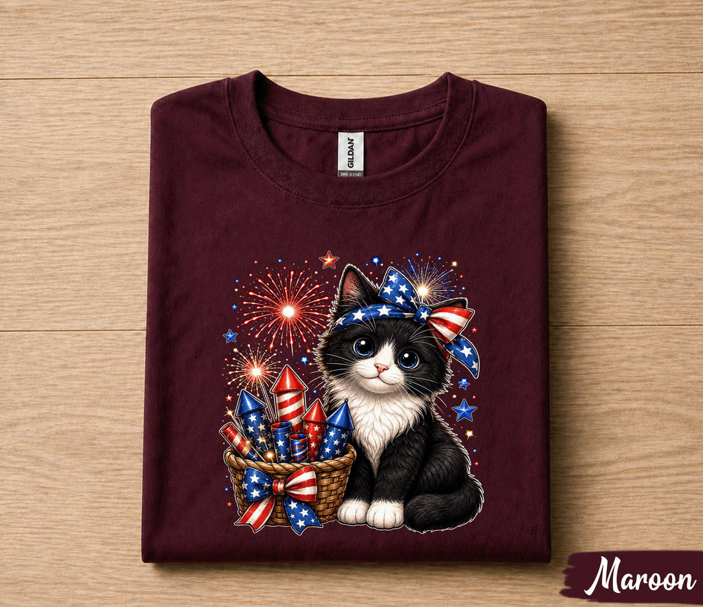 Cute Patriotic Kitten Shirt, 4th Of July Cat Lover Tee, Fireworks Cat Shirt, American Flag Kitty Independence Day Gift Forth of July