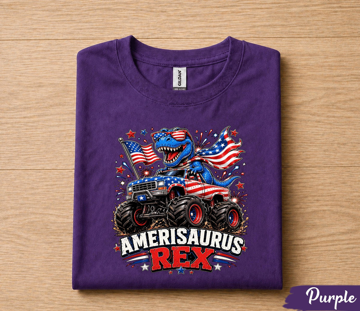 Amerisaurus Rex Shirt, Funny 4th Of July Dinosaur Monster Truck Tee, Patriotic T Rex American Flag USA Independence Day Gift Forth of July
