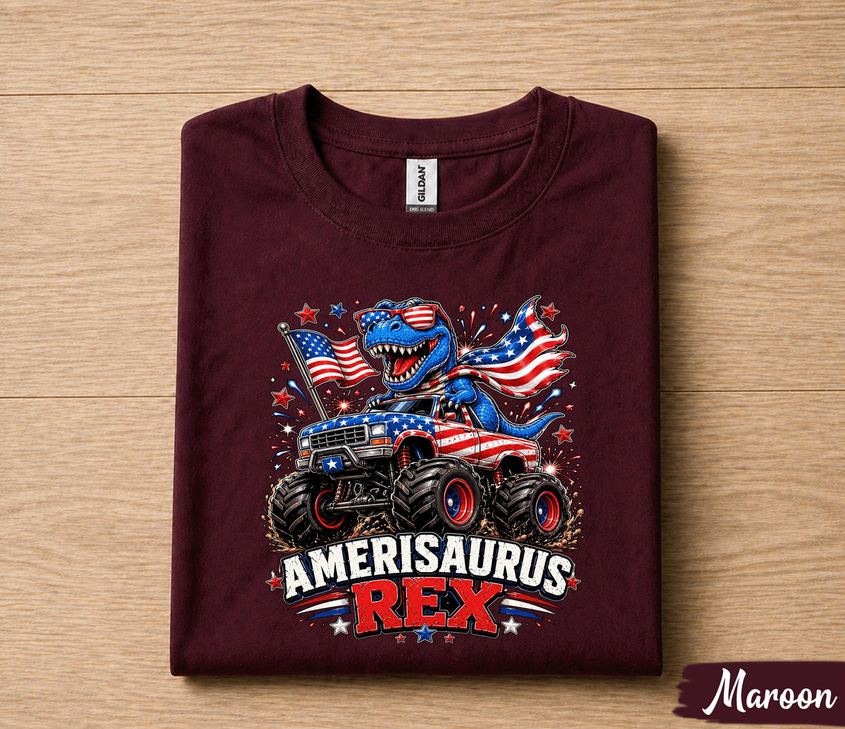 Amerisaurus Rex Shirt, Funny 4th Of July Dinosaur Monster Truck Tee, Patriotic T Rex American Flag USA Independence Day Gift Forth of July