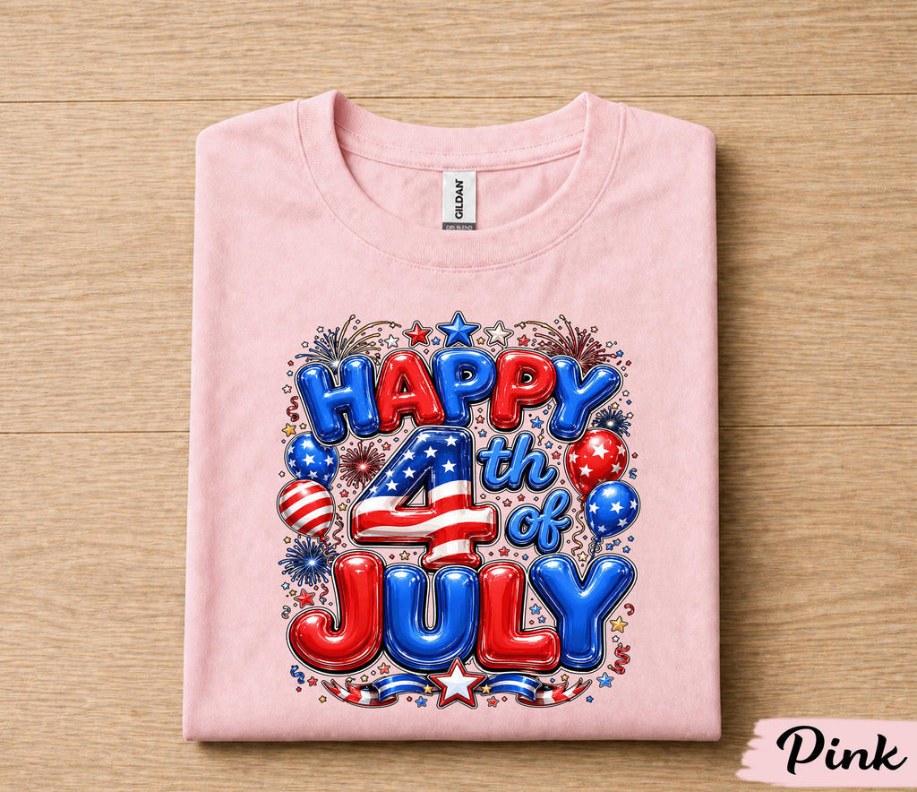 Happy 4th Of July Shirt, Patriotic Independence Tee, American Flag Fireworks Balloon USA Celebration Party Gift Men Women Forth of July Kids