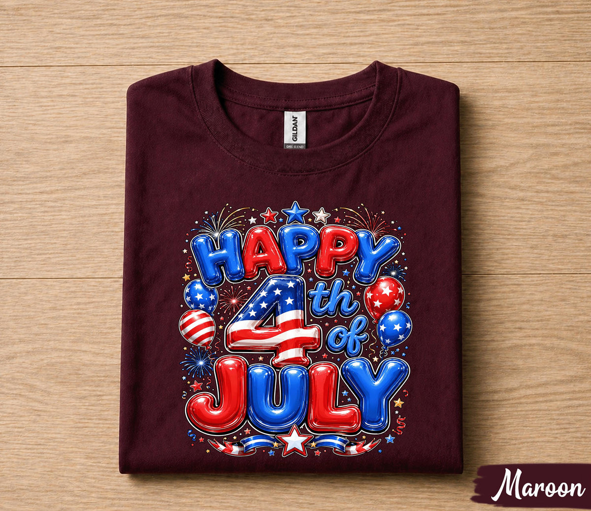 Happy 4th Of July Shirt, Patriotic Independence Tee, American Flag Fireworks Balloon USA Celebration Party Gift Men Women Forth of July Kids
