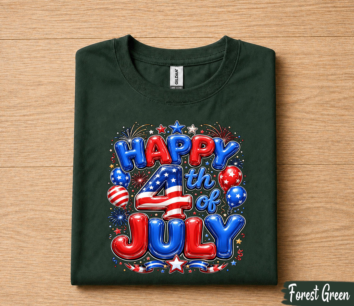 Happy 4th Of July Shirt, Patriotic Independence Tee, American Flag Fireworks Balloon USA Celebration Party Gift Men Women Forth of July Kids