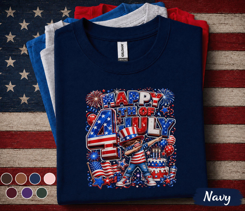 Happy 4th of July Shirt for Youth Kids, Patriotic Dabbing Boy Tee, Independence Day Fireworks Gifts, America Birthday Party Top