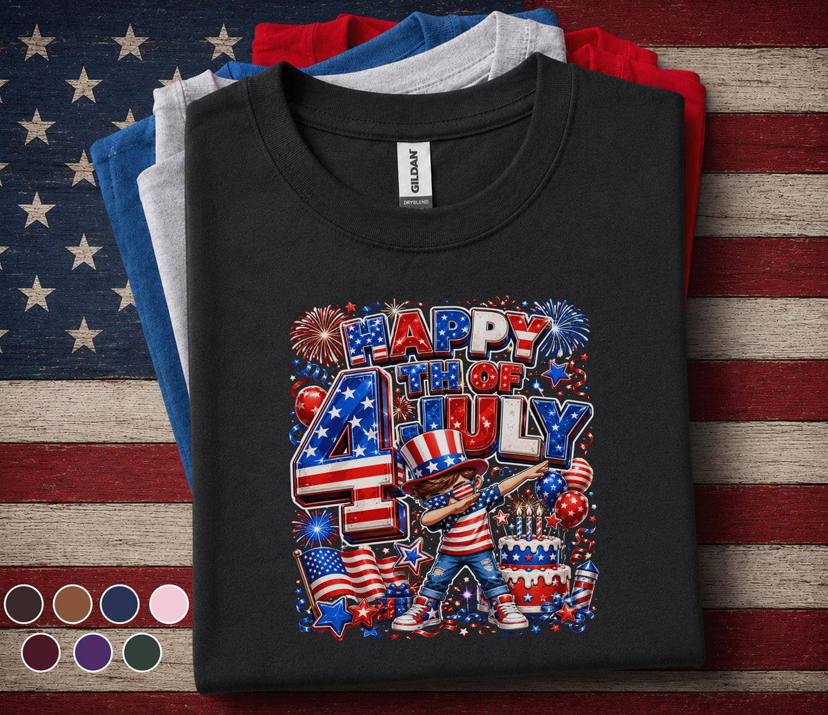 Happy 4th of July Shirt for Youth Kids, Patriotic Dabbing Boy Tee