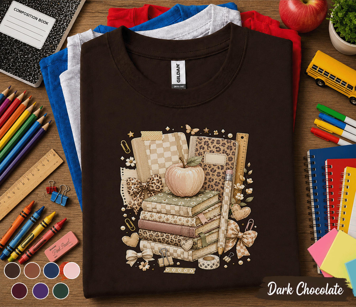 Back to School Shirt, Teacher Tee, Coquette School Shirt, Book Stack T-Shirt, Cute Teacher Gift, Student School, First Day of School Outfit