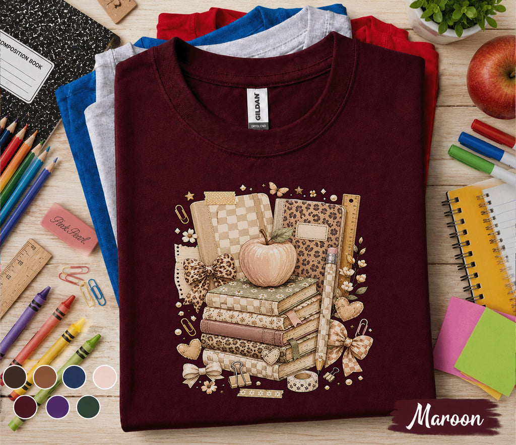 Back to School Shirt, Teacher Tee, Coquette School Shirt, Book Stack T-Shirt, Cute Teacher Gift, Student School, First Day of School Outfit