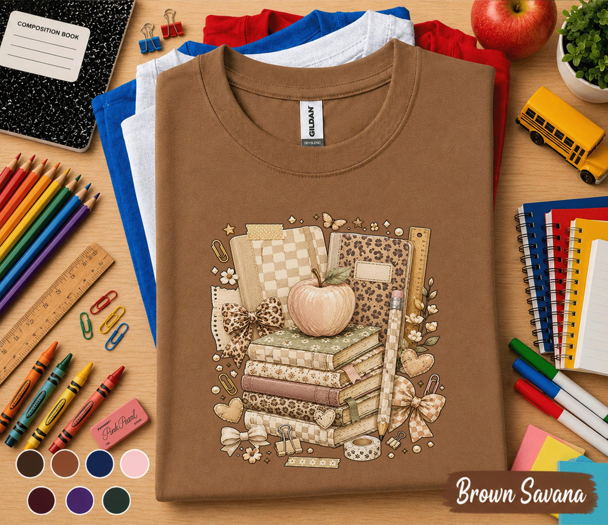 Back to School Shirt, Teacher Tee, Coquette School Shirt, Book Stack T-Shirt, Cute Teacher Gift, Student School, First Day of School Outfit