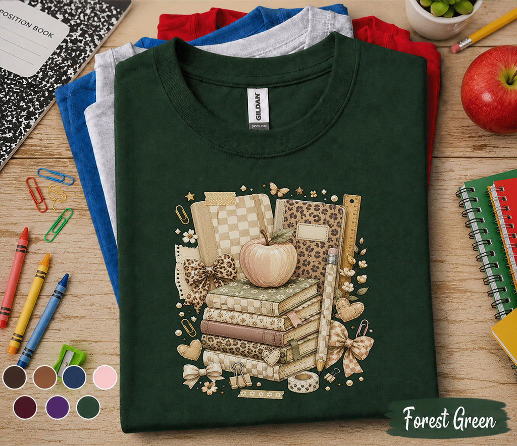 Back to School Shirt, Teacher Tee, Coquette School Shirt, Book Stack T-Shirt, Cute Teacher Gift, Student School, First Day of School Outfit