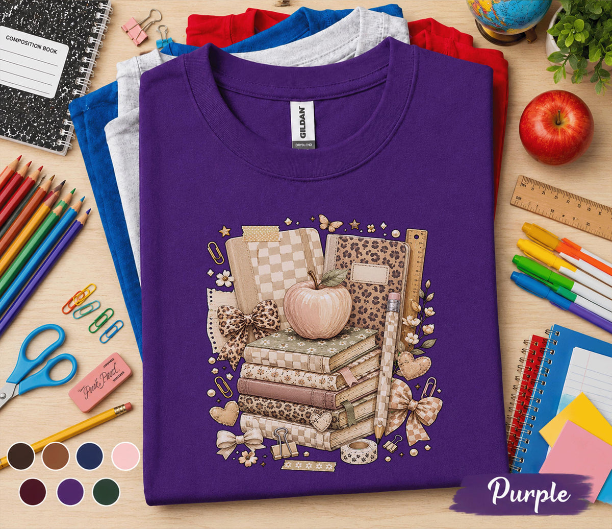 Back to School Shirt, Teacher Tee, Coquette School Shirt, Book Stack T-Shirt, Cute Teacher Gift, Student School, First Day of School Outfit