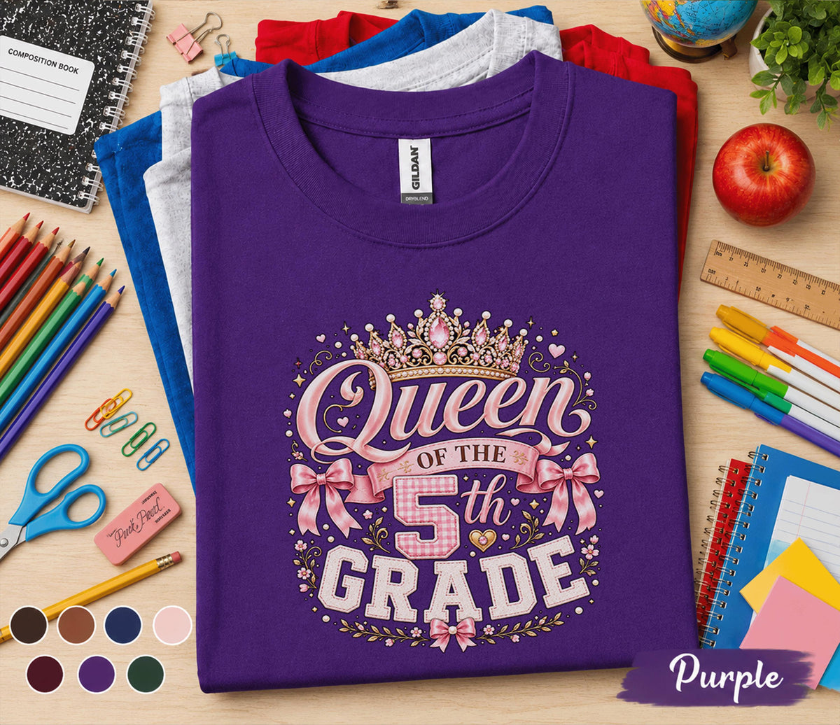 Queen of the 5th Grade Shirt, First Day of School Princess Tee, Coquette Bow Student Shirt, Girls Fifth Grade Outfit, Back to School Gift