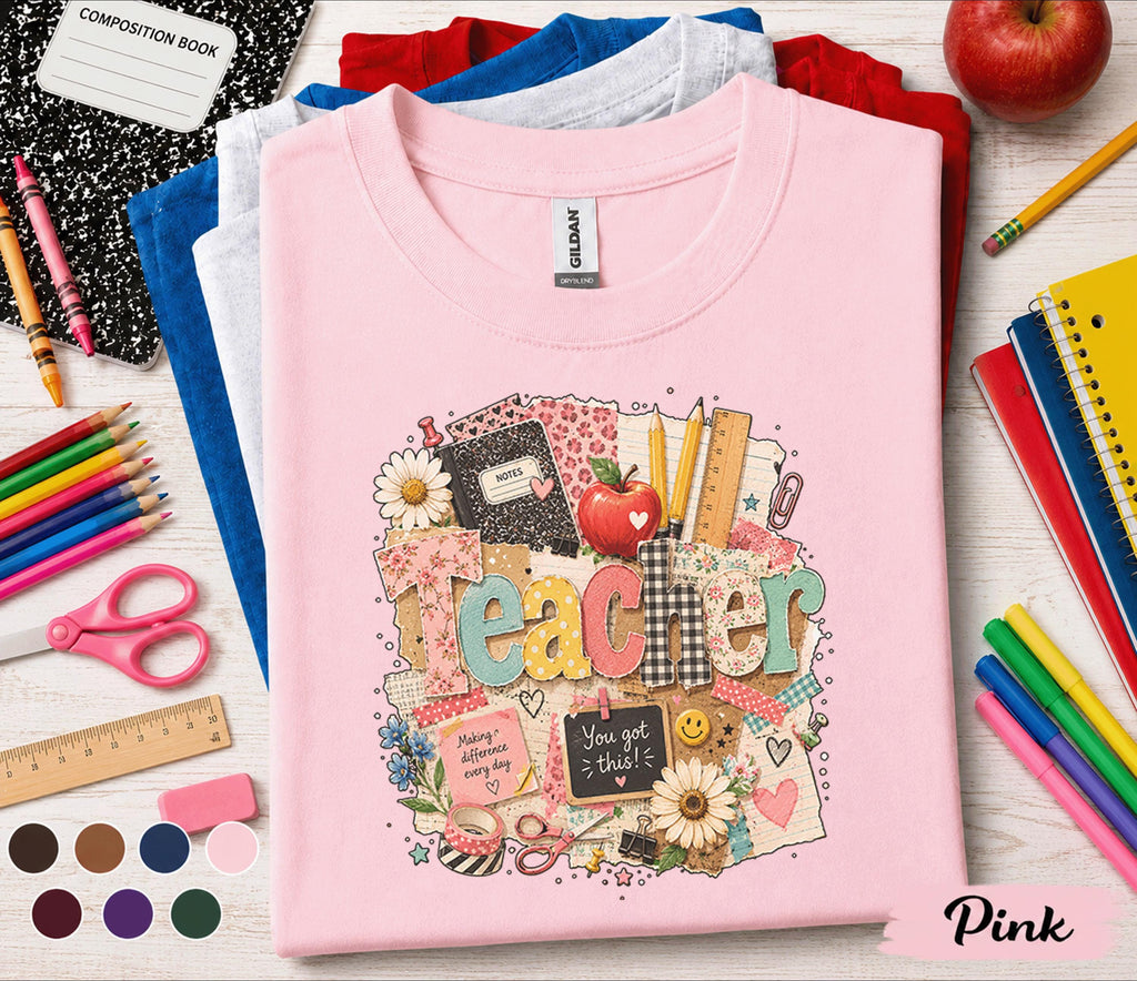 Teacher Shirt, Back to School Teacher Tee, Cute Classroom Shirt, Teacher Gift, Colorful School Supplies T-Shirt, Elementary Teacher Apparel
