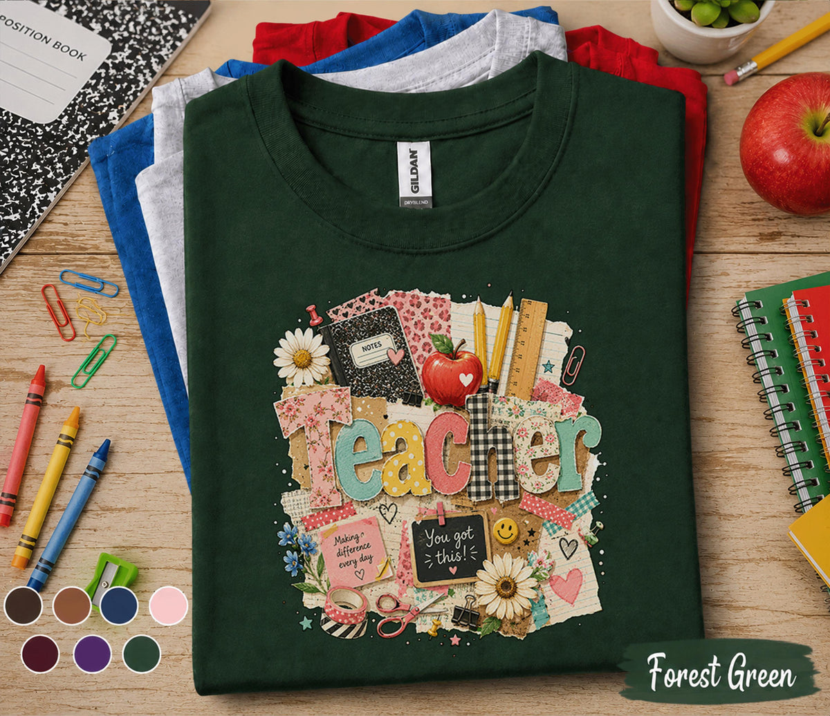 Teacher Shirt, Back to School Teacher Tee, Cute Classroom Shirt, Teacher Gift, Colorful School Supplies T-Shirt, Elementary Teacher Apparel