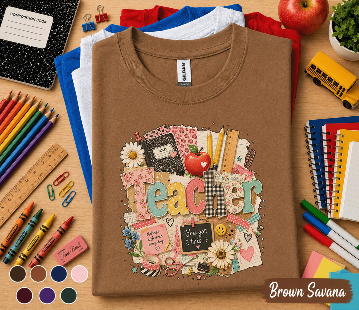 Teacher Shirt, Back to School Teacher Tee, Cute Classroom Shirt, Teacher Gift, Colorful School Supplies T-Shirt, Elementary Teacher Apparel