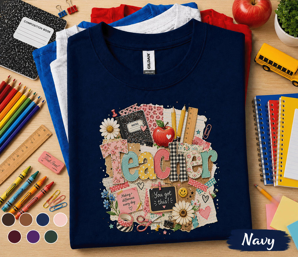 Teacher Shirt, Back to School Teacher Tee, Cute Classroom Shirt, Teacher Gift, Colorful School Supplies T-Shirt, Elementary Teacher Apparel