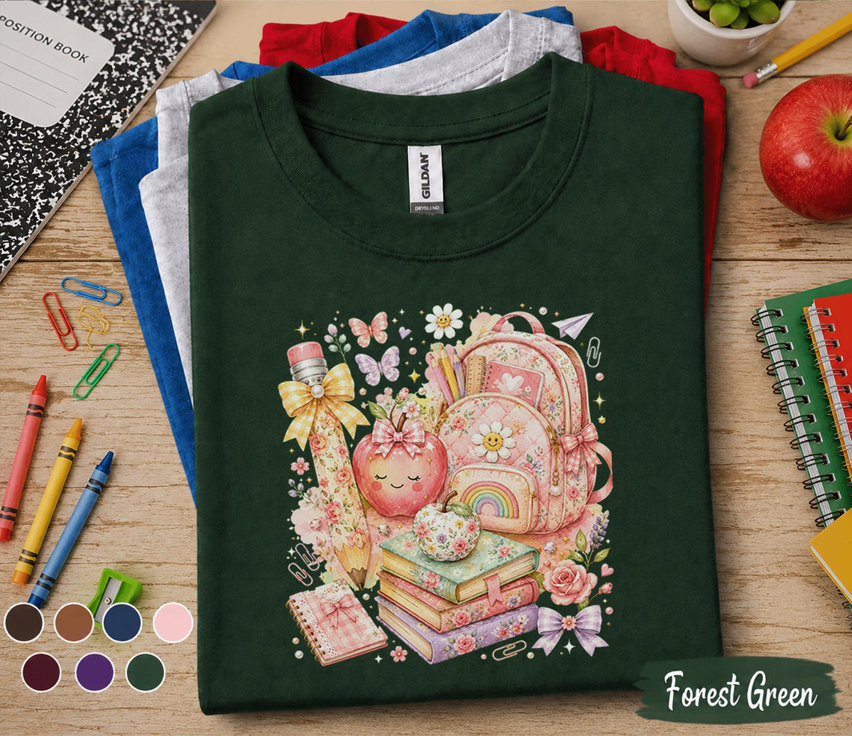 Cute Floral Back to School Shirt, Coquette School Supplies Tee, Gift First Day of School Gift, Teacher Student Aesthetic Apparel