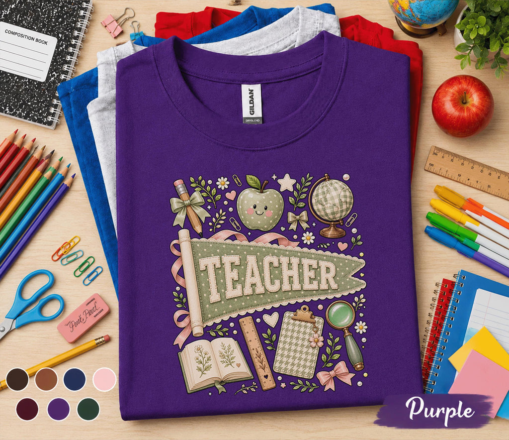 Teacher Pennant Shirt, Cute Coquette Teacher Tee, Vintage School Aesthetic T-Shirt, Floral Classroom Apparel, Back to School Teacher Gift