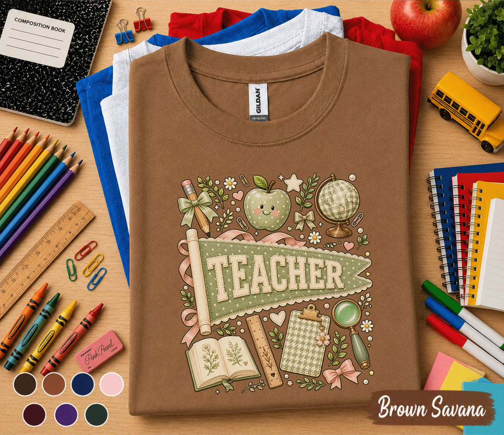 Teacher Pennant Shirt, Cute Coquette Teacher Tee, Vintage School Aesthetic T-Shirt, Floral Classroom Apparel, Back to School Teacher Gift