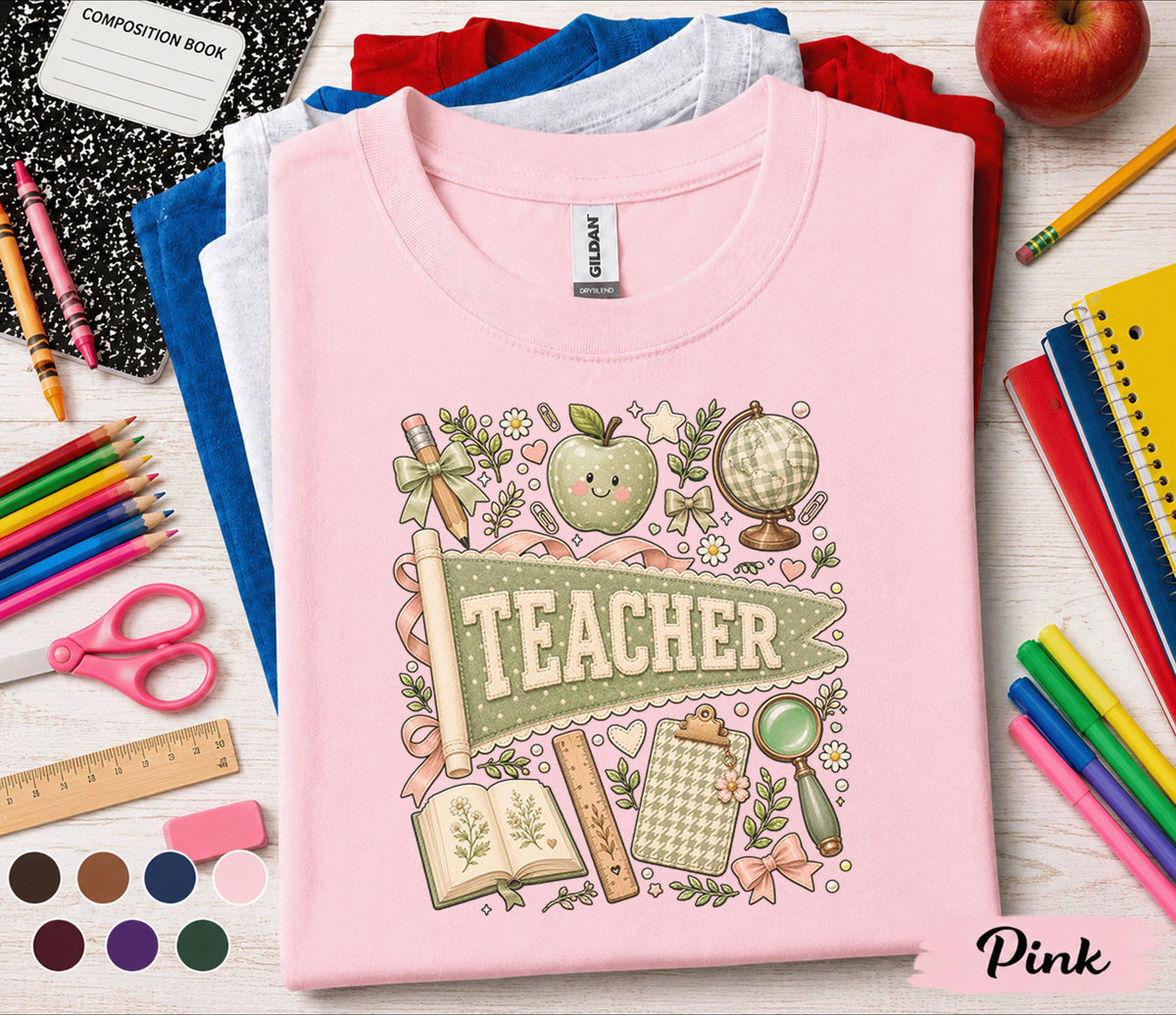 Teacher Pennant Shirt, Cute Coquette Teacher Tee, Vintage School Aesthetic T-Shirt, Floral Classroom Apparel, Back to School Teacher Gift