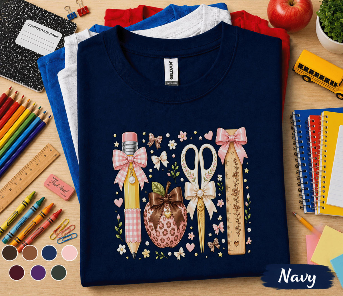 Coquette Teacher Shirt, Cute School Supplies Bow Tee, Classroom Floral Pencil Scissors Ruler T-Shirt, Back to School Teacher Gift Educators