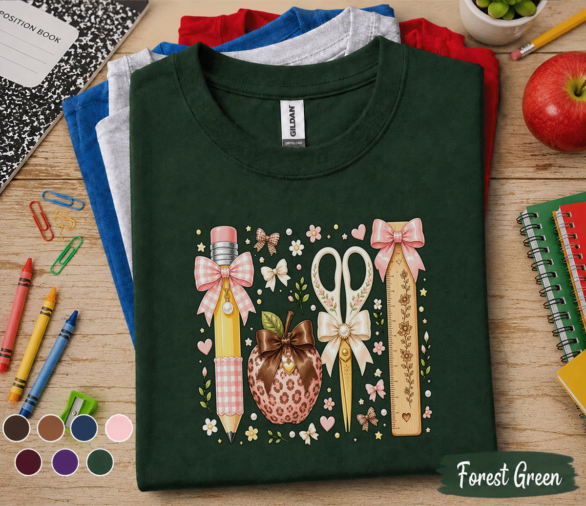 Coquette Teacher Shirt, Cute School Supplies Bow Tee, Classroom Floral Pencil Scissors Ruler T-Shirt, Back to School Teacher Gift Educators