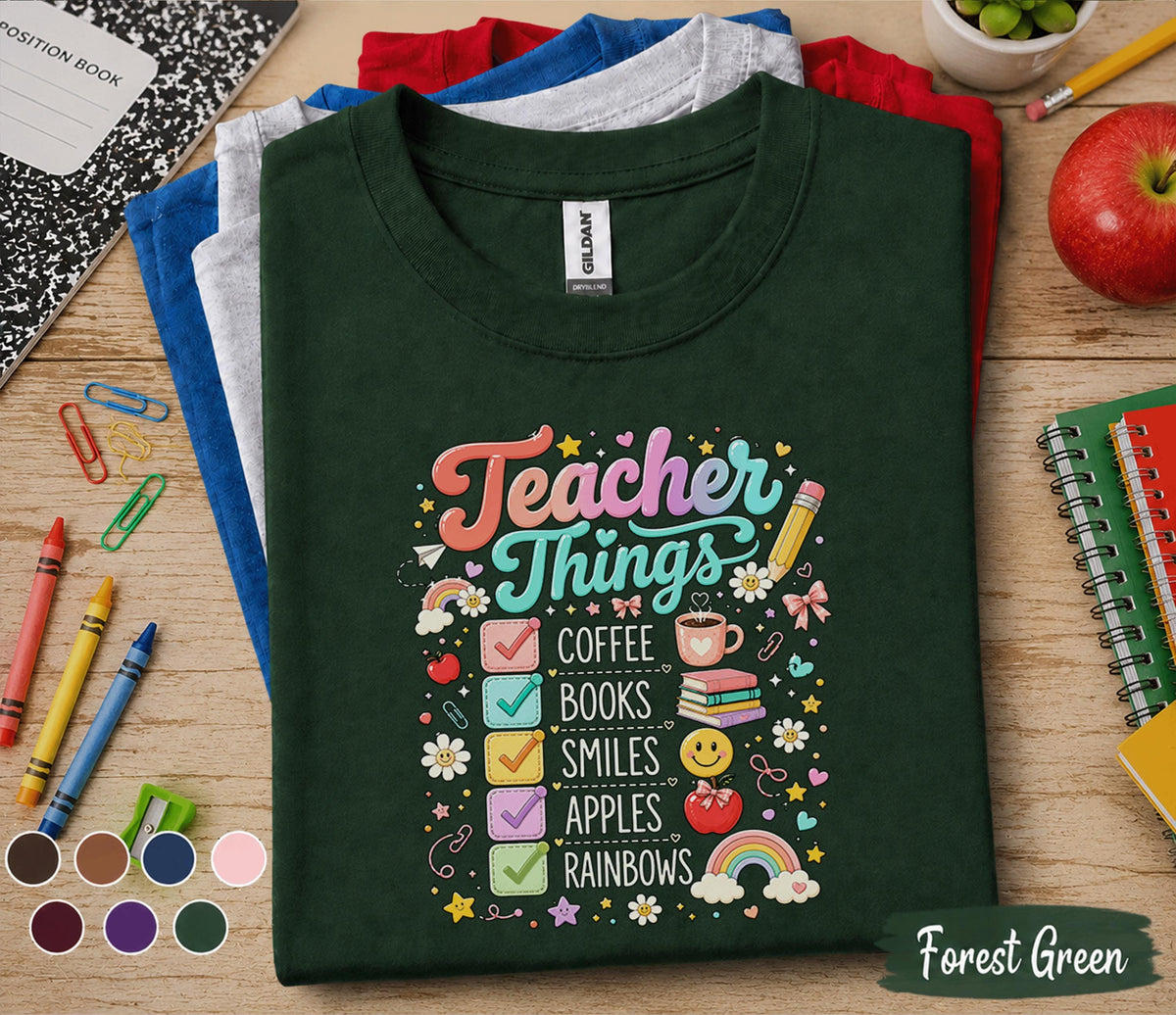 Teacher Things Shirt Coffee Books Smiles Apples Rainbows Tee, Cute Back to School Teacher T-Shirt, Teacher Appreciation Gift Educators