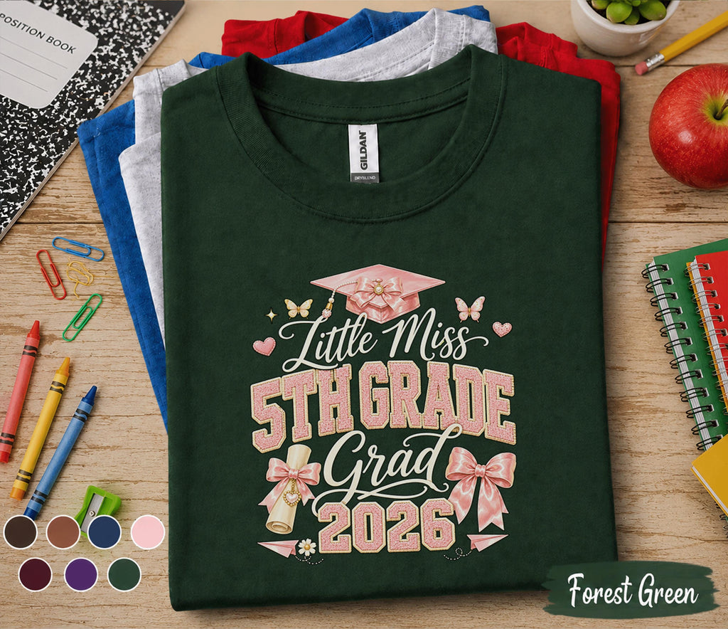 Little Miss 5th Grade Grad 2026 Shirt, Pink Bow Graduation Cap Tee, Girl Back to School Fifth Grade Graduate Gift, Cute Coquette Shirt