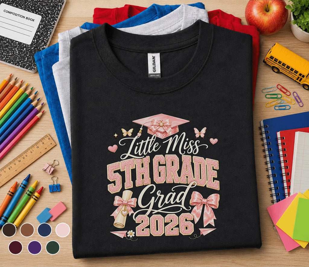 Little Miss 5th Grade Grad 2026 Shirt, Pink Bow Graduation Cap Tee