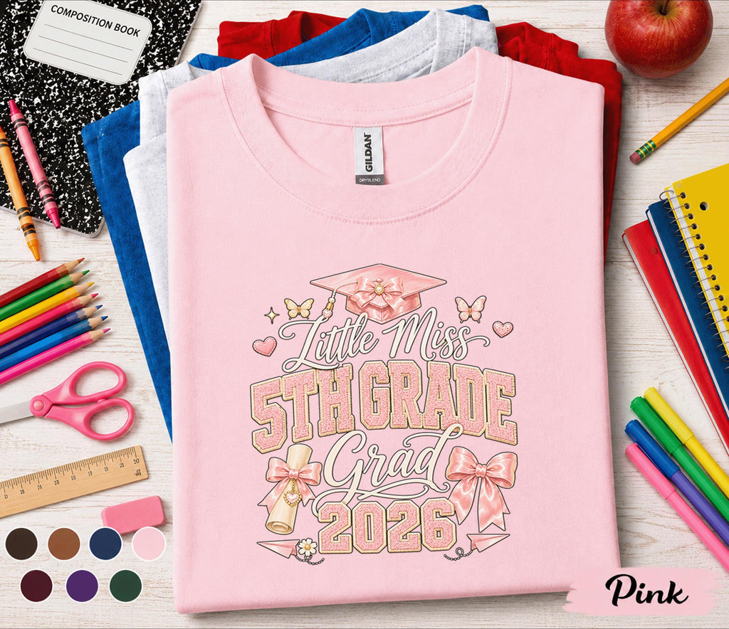 Little Miss 5th Grade Grad 2026 Shirt, Pink Bow Graduation Cap Tee, Girl Back to School Fifth Grade Graduate Gift, Cute Coquette Shirt