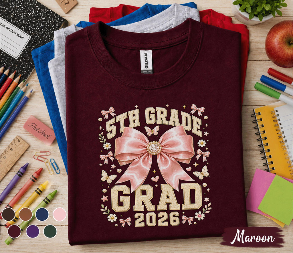 5th Grade Grad 2026 Shirt, Cute Pink Bow Graduation Tee, Back to School Fifth Grade Graduate Gift, Coquette Student Graduation Shirt Girls