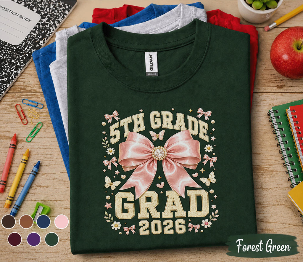 5th Grade Grad 2026 Shirt, Cute Pink Bow Graduation Tee, Back to School Fifth Grade Graduate Gift, Coquette Student Graduation Shirt Girls