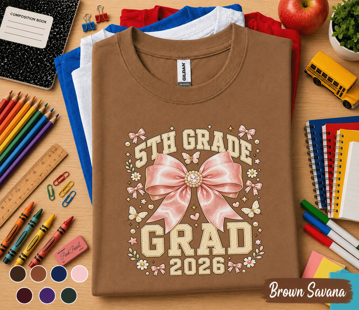 5th Grade Grad 2026 Shirt, Cute Pink Bow Graduation Tee, Back to School Fifth Grade Graduate Gift, Coquette Student Graduation Shirt Girls