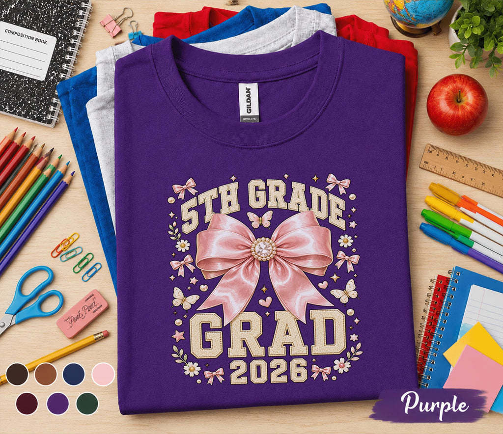 5th Grade Grad 2026 Shirt, Cute Pink Bow Graduation Tee, Back to School Fifth Grade Graduate Gift, Coquette Student Graduation Shirt Girls