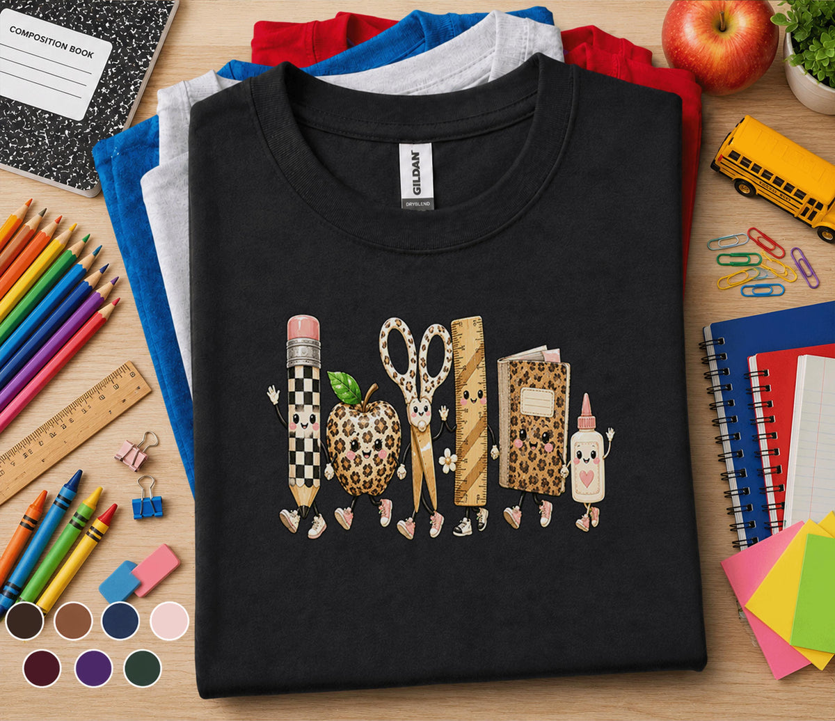 Cute Back to School Shirt, Leopard School Supplies Teacher Tee