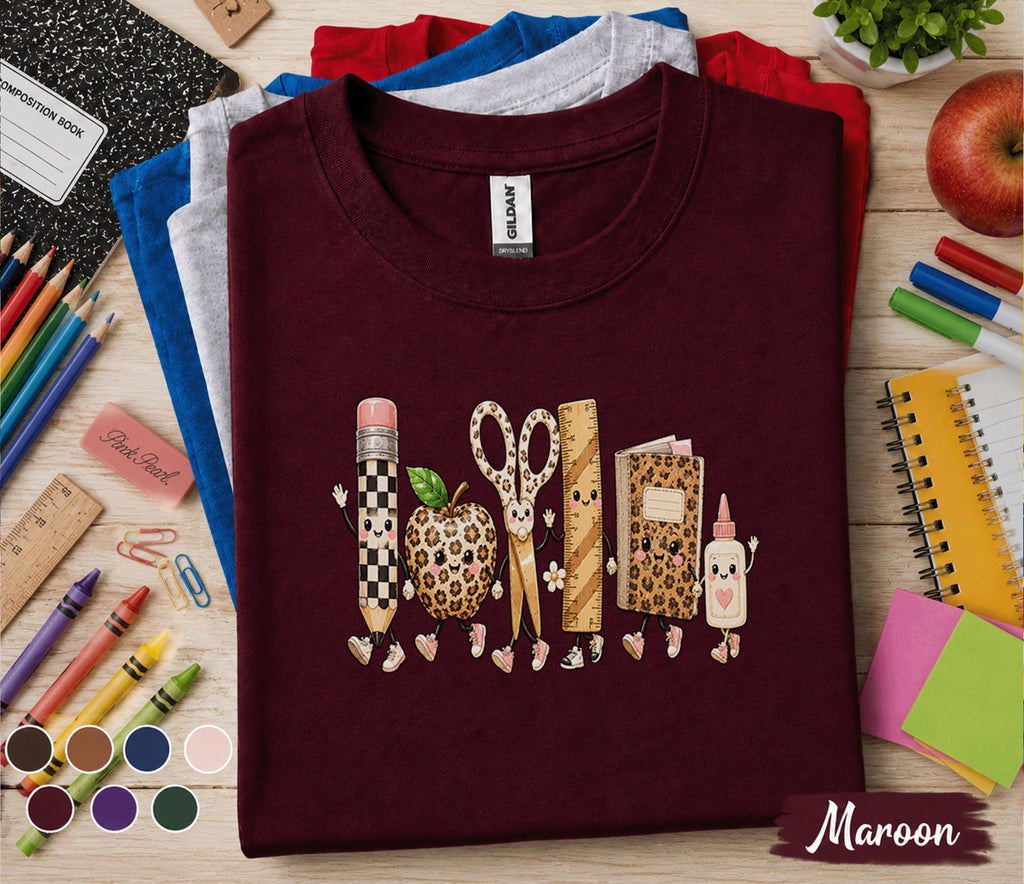 Cute Back to School Shirt, Leopard School Supplies Teacher Tee, Pencil Apple Scissors Book Glue Design, First Day of School Gift Shirt
