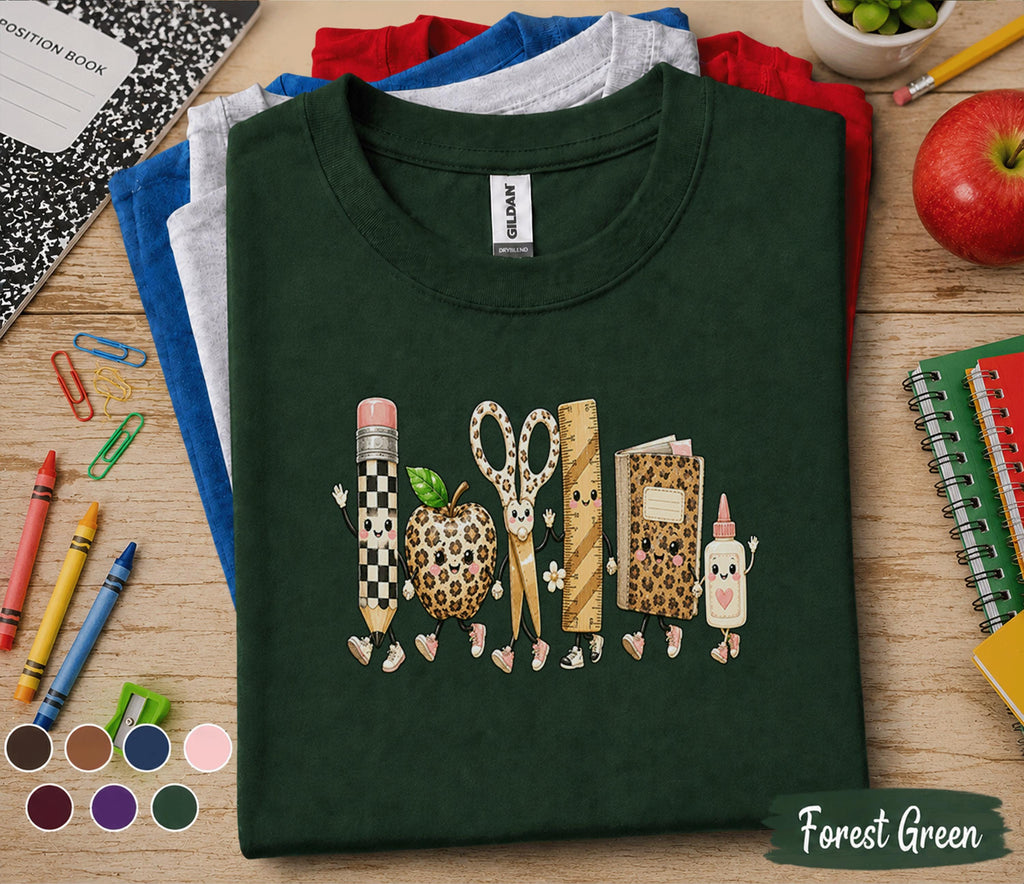 Cute Back to School Shirt, Leopard School Supplies Teacher Tee, Pencil Apple Scissors Book Glue Design, First Day of School Gift Shirt